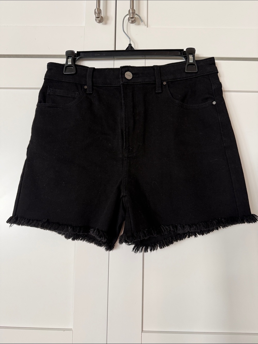 High-Rise Black Denim Shorts with Frayed Hem
